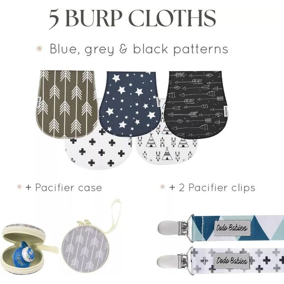 Dodo Babies 5-Pack Baby Burp Cloth with 2 Pacifier Clips and 1 Case - Picture 3 of 7